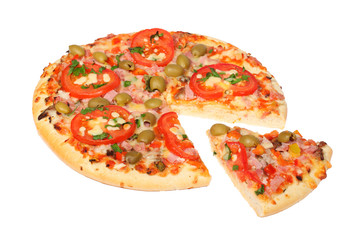 Fresh pizza with slice on a white background