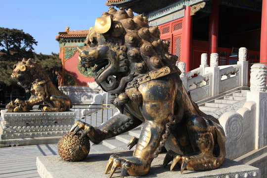 pair of guardian lion statues of Forbidden City, Beijing