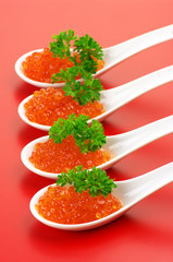 Salmon caviar in spoons