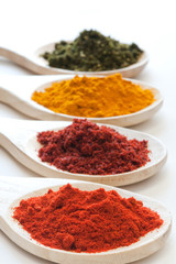 Various spices in wooden spoons