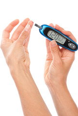 Dependent  Diabetes patient measuring glucose level blood test