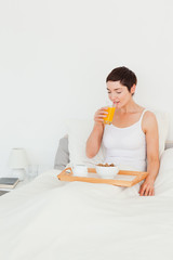 Obraz na płótnie Canvas Woman drinking juice for breakfast