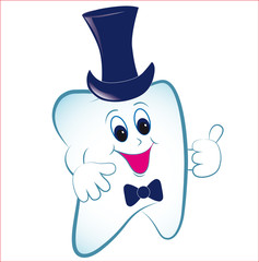 Cartoon tooth with thumb and hat.