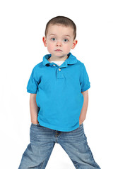Sweet Little boy in blue isolated on white background