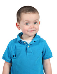 Sweet Little boy in blue isolated on white background