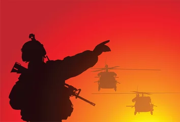 Foto op Plexiglas Soldaten Vector silhouet van een soldaat met helikopters
