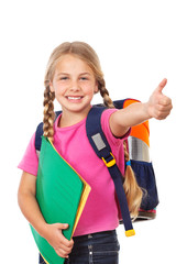 education, girl schoolbag and thumb up