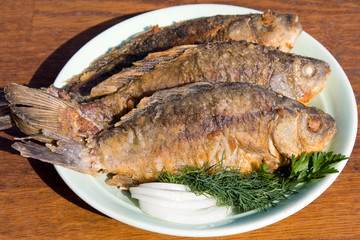 Fried fish crucian in plate