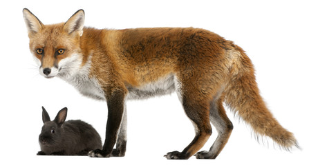 Red Fox, Vulpes vulpes, playing with a rabbit in front of white