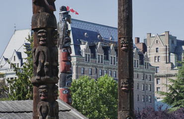 Totem Poles in front of the Fairmont Empress Hotel in Victoria,