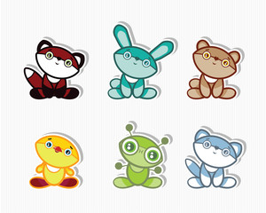 Six animals set: fox, hare, bear, chicken, grasshopper, cat
