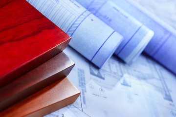 Architecture paperwork and wooden boards