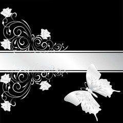 silver  rose and butterfly on black background