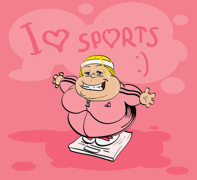 Sports, sports clothes and fat aunt. Vector illustration.