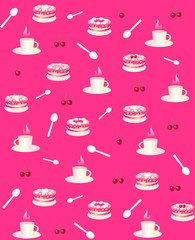 pink background with cake and coffee for cafe and restaurant