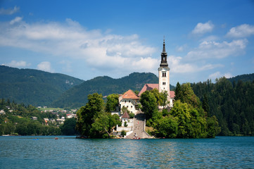 Fototapeta na wymiar View of St. Mary´s Church of the Assumptionon in Bled