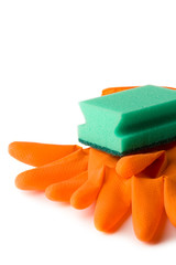 Gloves and bath sponge on white background