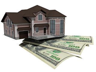 House with money over white background