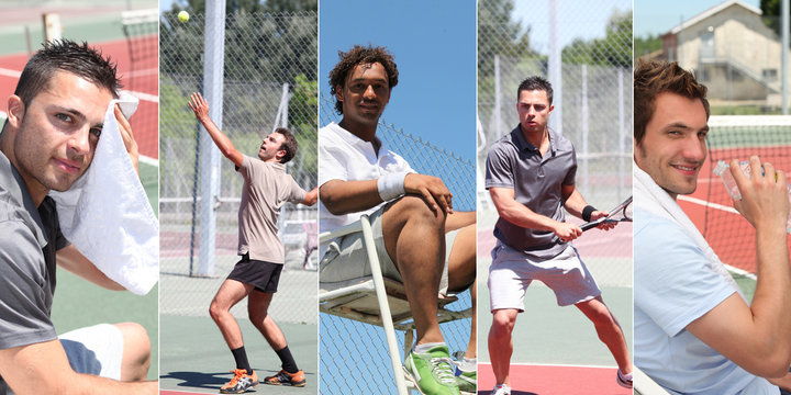 Collage of young men playing tennis