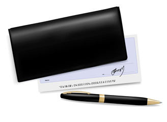 Black checkbook with check and pen. Vector illustration.
