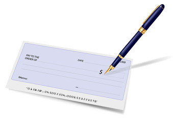 Blank check and pen. Vector illustration.