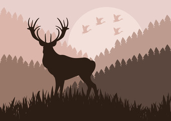 Rain deer in wild nature landscape illustration