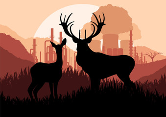 Rain deer family and nuclear power plant in wild nature