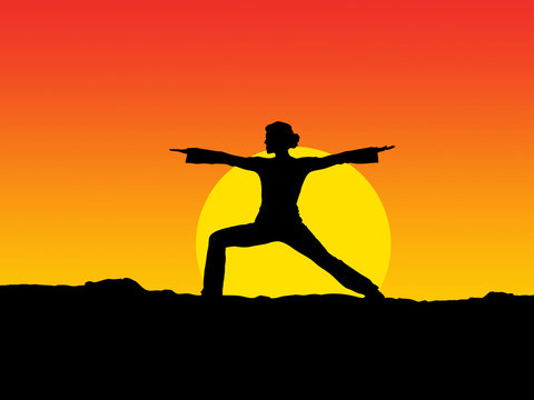 Ilustração de mulher a praticar ioga no deserto