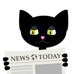 black cat is reading a newspaper