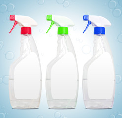 Set of unlabeleled cleaning spray products