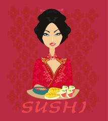 beautiful Asian girl enjoy sushi - menu template