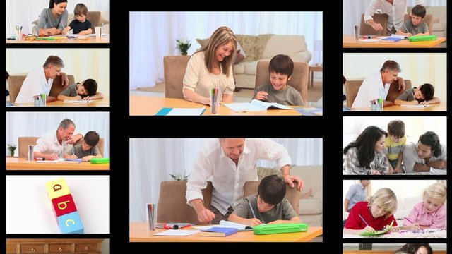 Montage of families doing homework