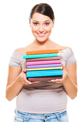 smiley model holding many-coloured books