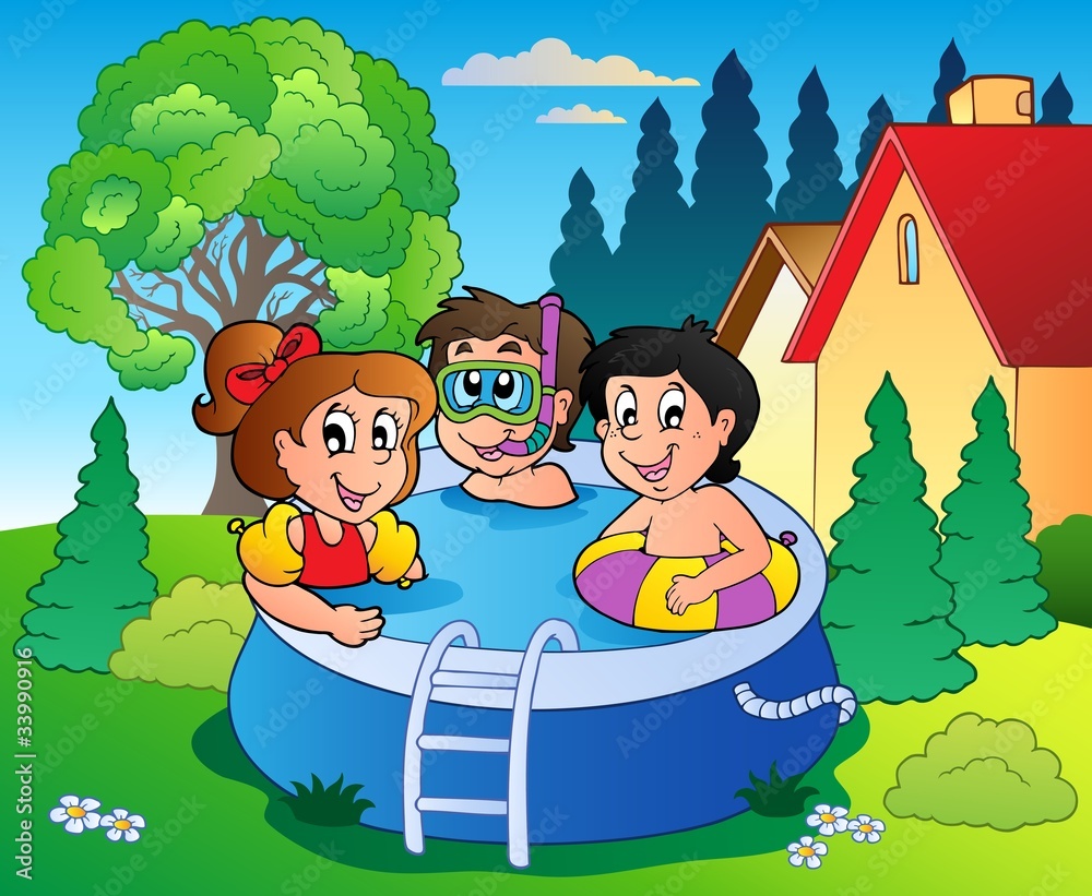 Wall mural garden with pool and cartoon kids