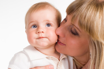 mom and son on white