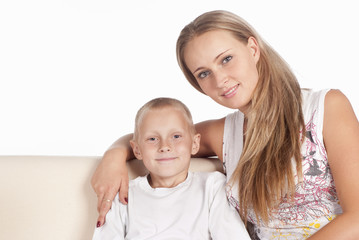 mom and son on sofa