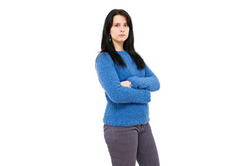 brunette woman wearing blue sweater isolated on white