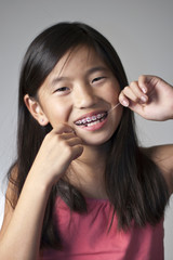 Girl flossing teeth