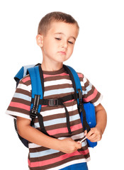 Little boy elementary student with backpack and sandwich box ups