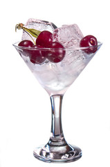 Ripe cherry and ice in  glass