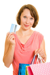 Girl with shopping on white background.