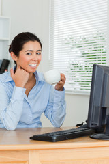 Beautiful woman enjoying a cup of coffee while looking at a comp