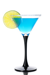 Blue cocktail with  lime isolated on white