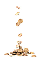 One dollar coins falling on white background.