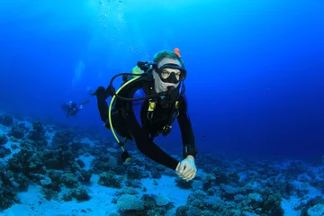 Papier Peint photo Plonger Plongée sous-marine au-dessus des récifs coralliens dans les eaux claires de la mer Rouge