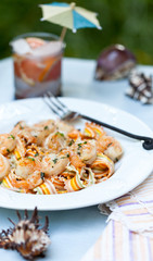 Striped pasta with shrimps