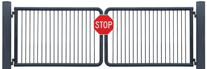 Grunge Aged Weathered Road Barrier Gate And Stop Sign, Old Rusty