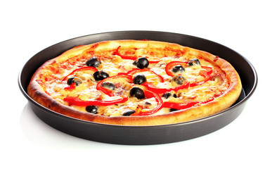 tasty pizza on plate isolated on white