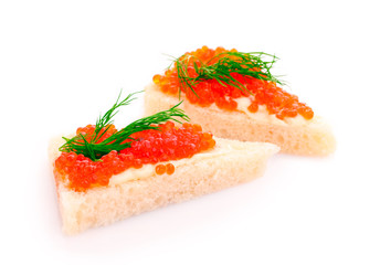 Red caviar and bread isolated on white