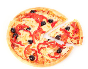 Pizza with olives and tomatoes closeup